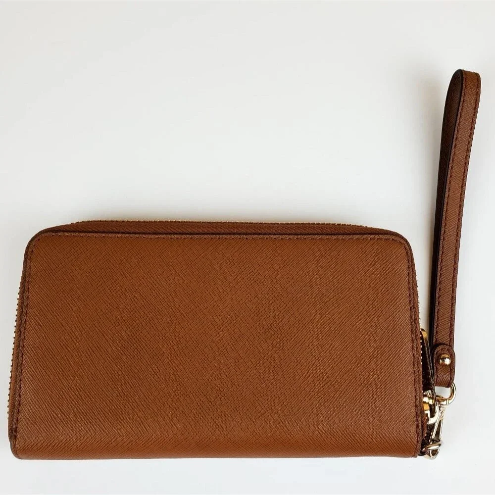 MICHAEL KORS Brown Saffiano Leather Zip-Around Wristlet Wallet